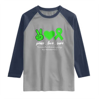 Traumatic Brain Injury Awareness Raglan Shirt Peace Love Cure TBI Warrior