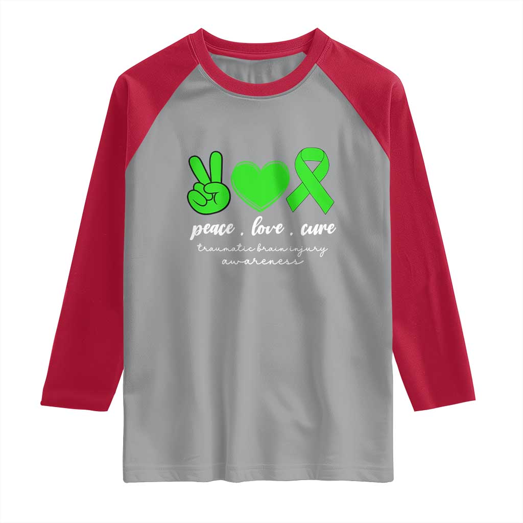Traumatic Brain Injury Awareness Raglan Shirt Peace Love Cure TBI Warrior