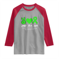 Traumatic Brain Injury Awareness Raglan Shirt Peace Love Cure TBI Warrior