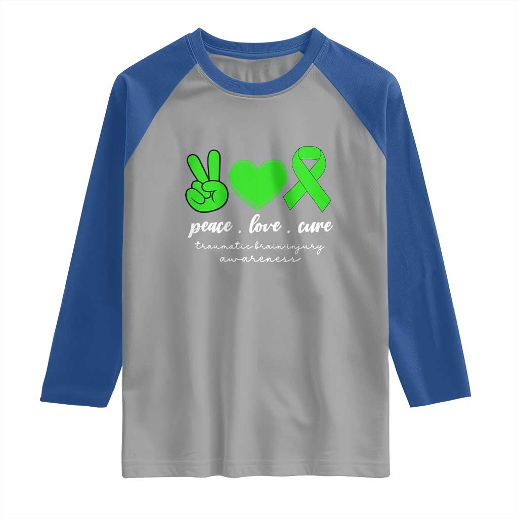 Traumatic Brain Injury Awareness Raglan Shirt Peace Love Cure TBI Warrior