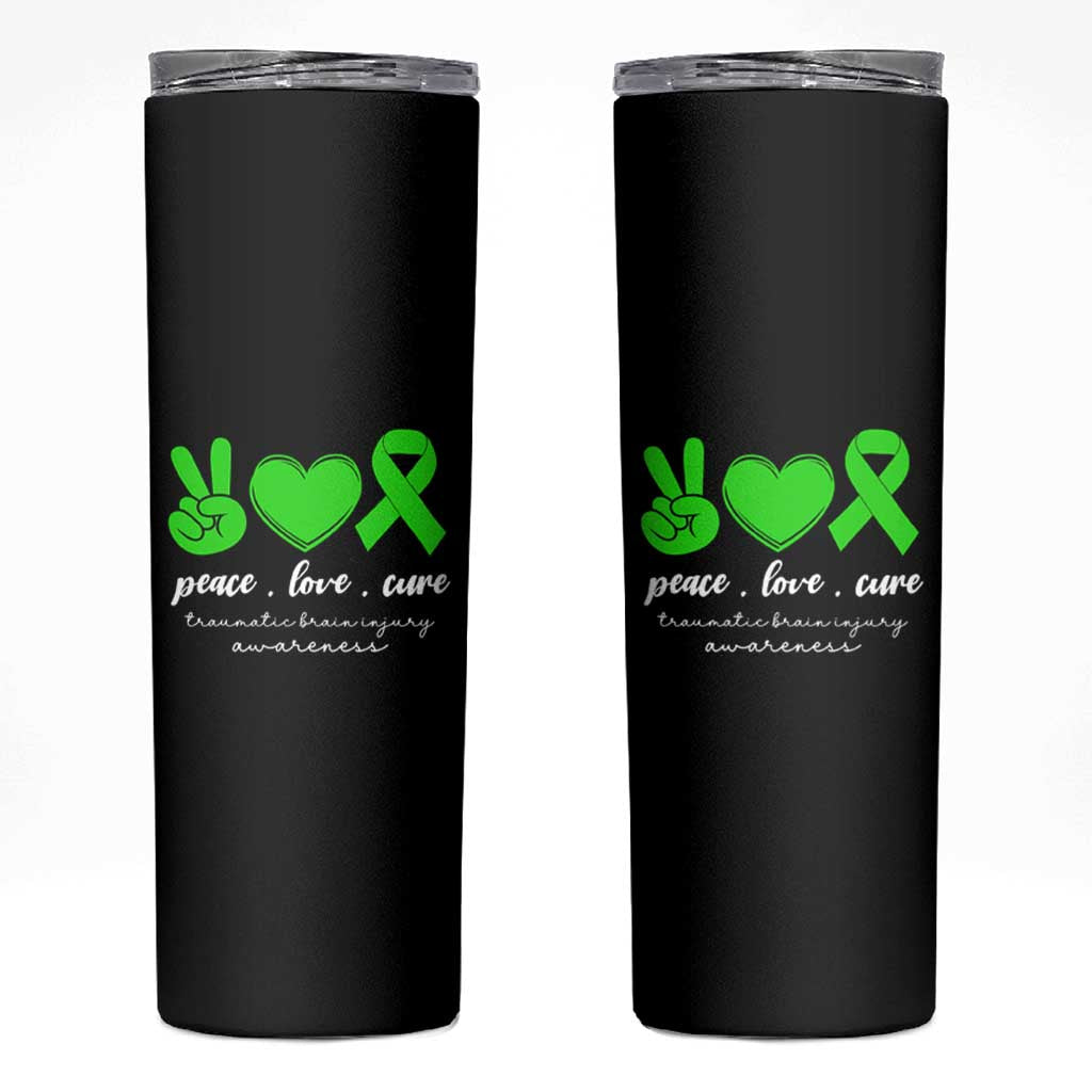 Traumatic Brain Injury Awareness Skinny Tumbler Peace Love Cure TBI Warrior