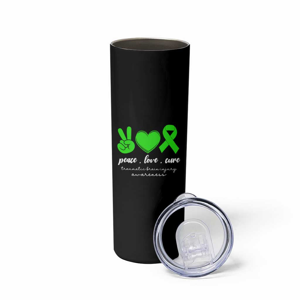 Traumatic Brain Injury Awareness Skinny Tumbler Peace Love Cure TBI Warrior