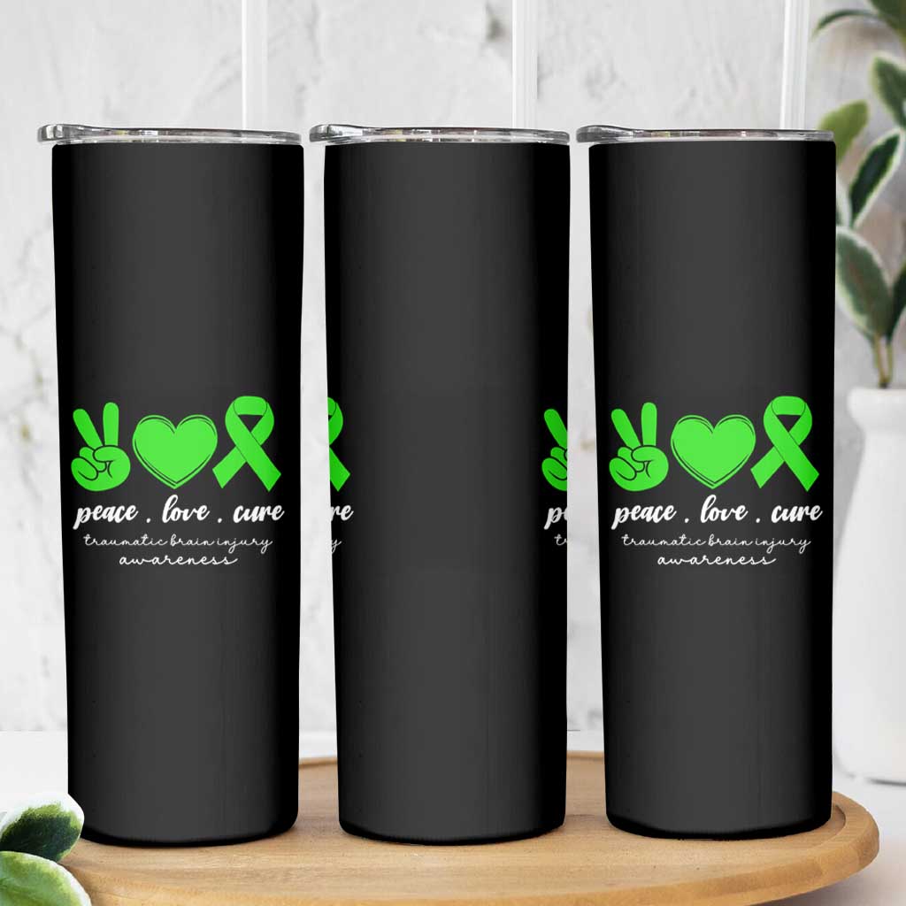 Traumatic Brain Injury Awareness Skinny Tumbler Peace Love Cure TBI Warrior