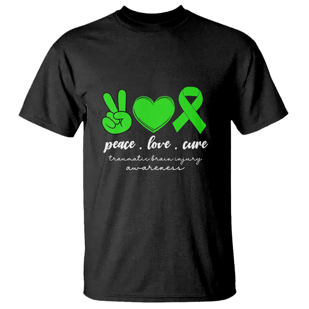 Traumatic Brain Injury Awareness T Shirt Peace Love Cure TBI Warrior