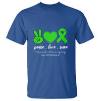 Traumatic Brain Injury Awareness T Shirt Peace Love Cure TBI Warrior