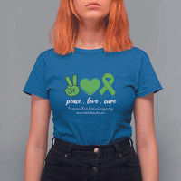 Traumatic Brain Injury Awareness T Shirt For Women Peace Love Cure TBI Warrior