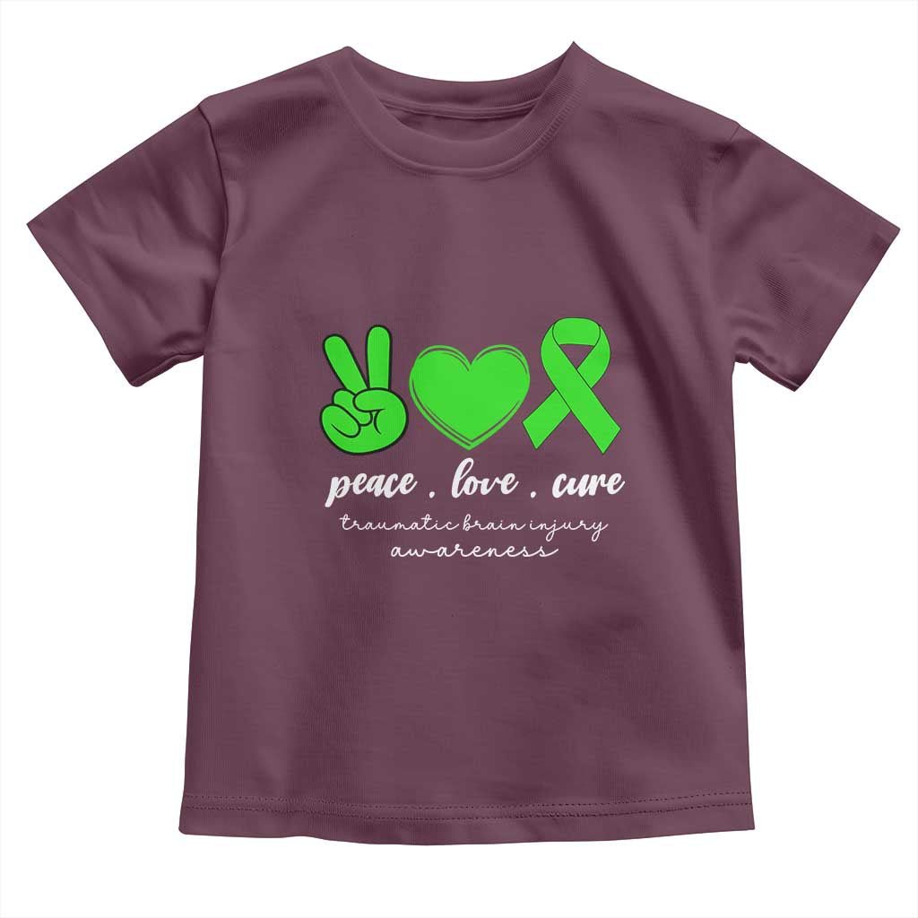 Traumatic Brain Injury Awareness Toddler T Shirt Peace Love Cure TBI Warrior