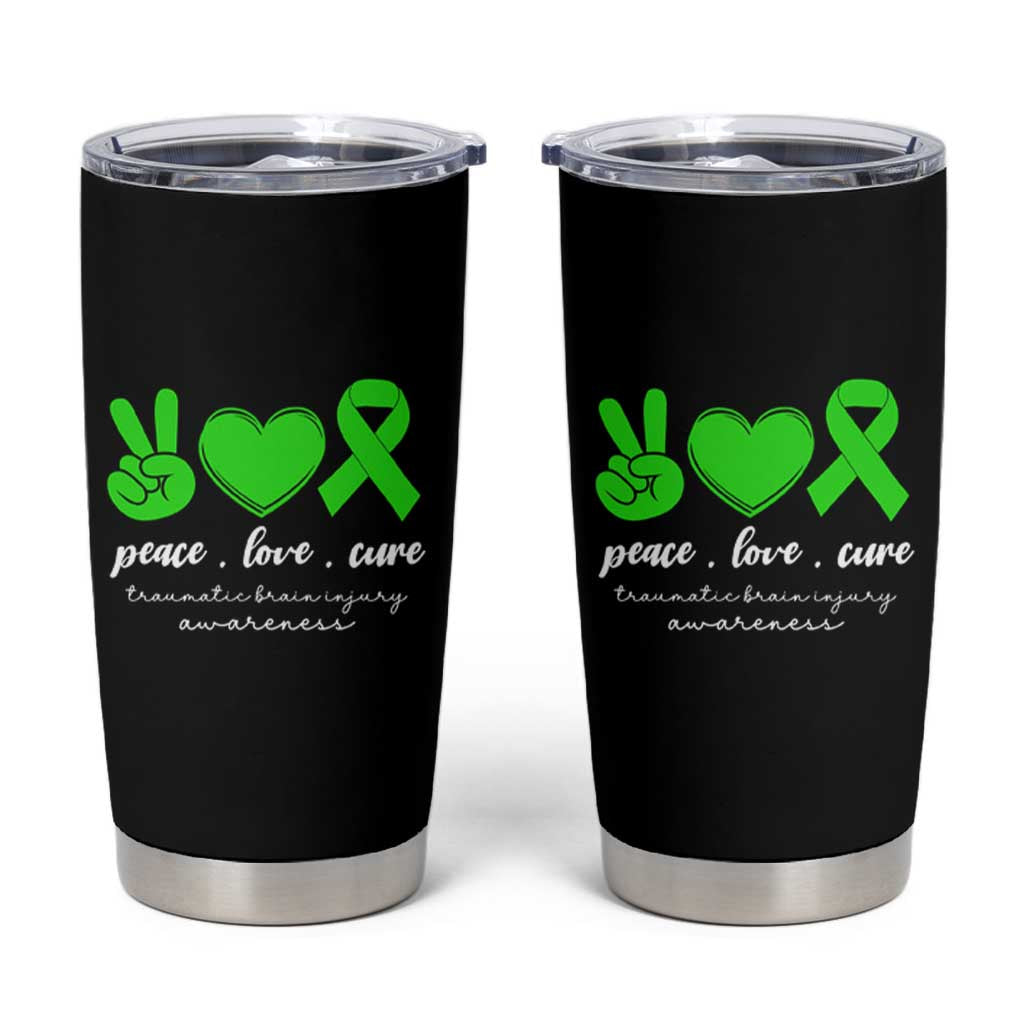 Traumatic Brain Injury Awareness Tumbler Cup Peace Love Cure TBI Warrior