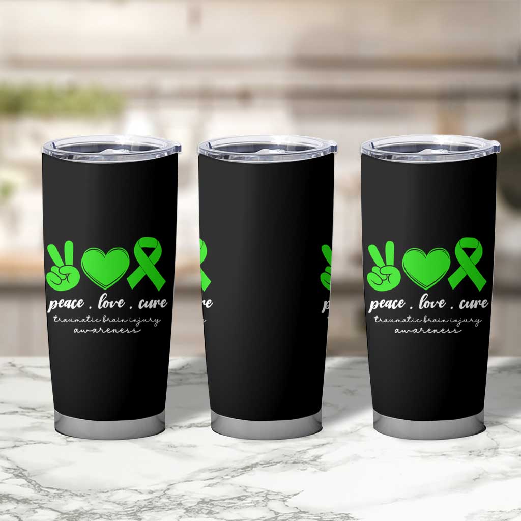 Traumatic Brain Injury Awareness Tumbler Cup Peace Love Cure TBI Warrior