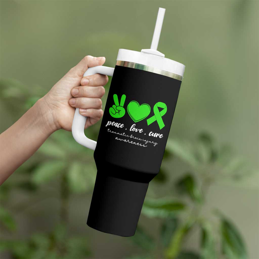 Traumatic Brain Injury Awareness Tumbler With Handle Peace Love Cure TBI Warrior