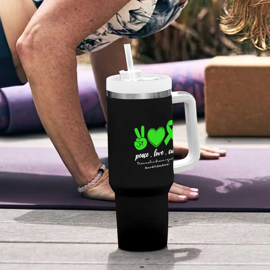 Traumatic Brain Injury Awareness Tumbler With Handle Peace Love Cure TBI Warrior