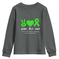 Traumatic Brain Injury Awareness Youth Sweatshirt Peace Love Cure TBI Warrior