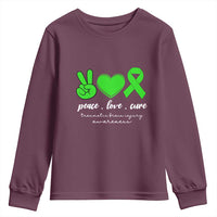 Traumatic Brain Injury Awareness Youth Sweatshirt Peace Love Cure TBI Warrior