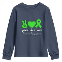 Traumatic Brain Injury Awareness Youth Sweatshirt Peace Love Cure TBI Warrior