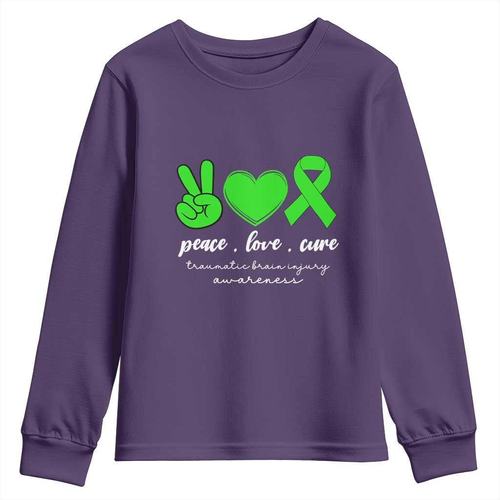 Traumatic Brain Injury Awareness Youth Sweatshirt Peace Love Cure TBI Warrior