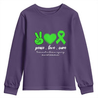 Traumatic Brain Injury Awareness Youth Sweatshirt Peace Love Cure TBI Warrior
