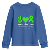 Traumatic Brain Injury Awareness Youth Sweatshirt Peace Love Cure TBI Warrior