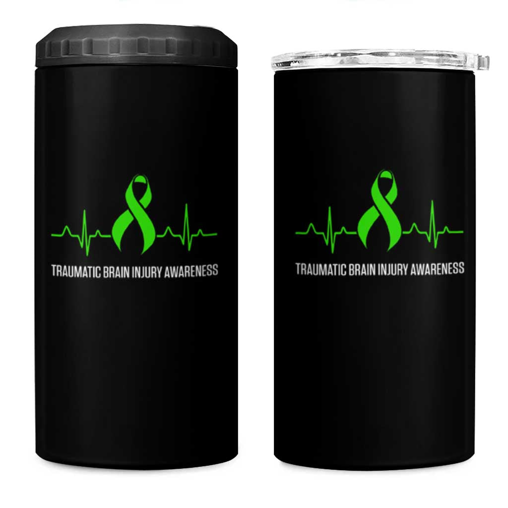 Traumatic Brain Injury Awareness 4 in 1 Can Cooler Tumbler TBI Warrior Heartbeat Green Ribbon