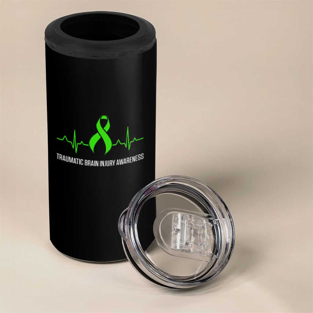 Traumatic Brain Injury Awareness 4 in 1 Can Cooler Tumbler TBI Warrior Heartbeat Green Ribbon