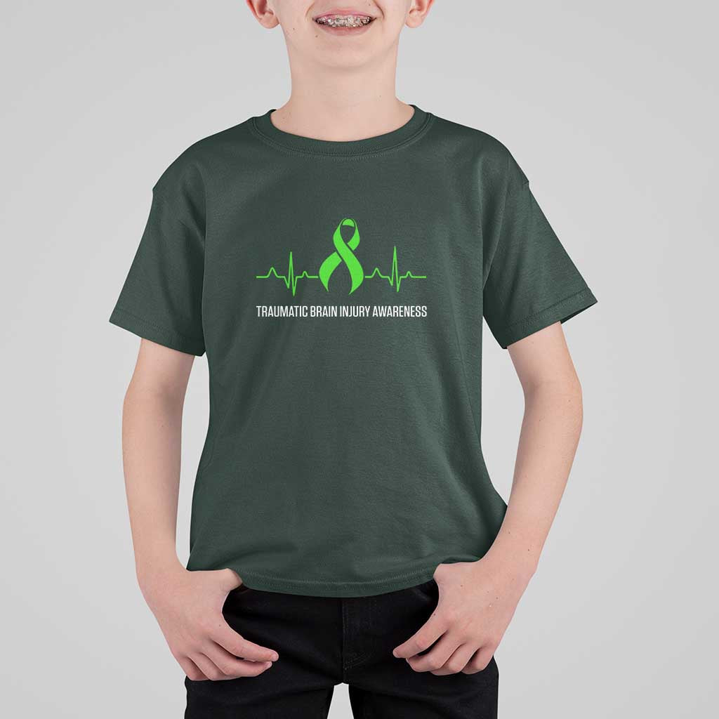 Traumatic Brain Injury Awareness T Shirt For Kid TBI Warrior Heartbeat Green Ribbon