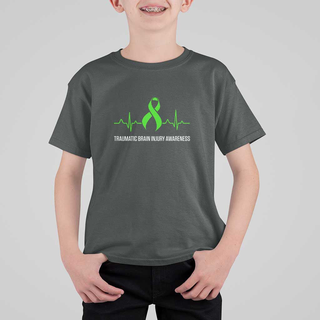 Traumatic Brain Injury Awareness T Shirt For Kid TBI Warrior Heartbeat Green Ribbon