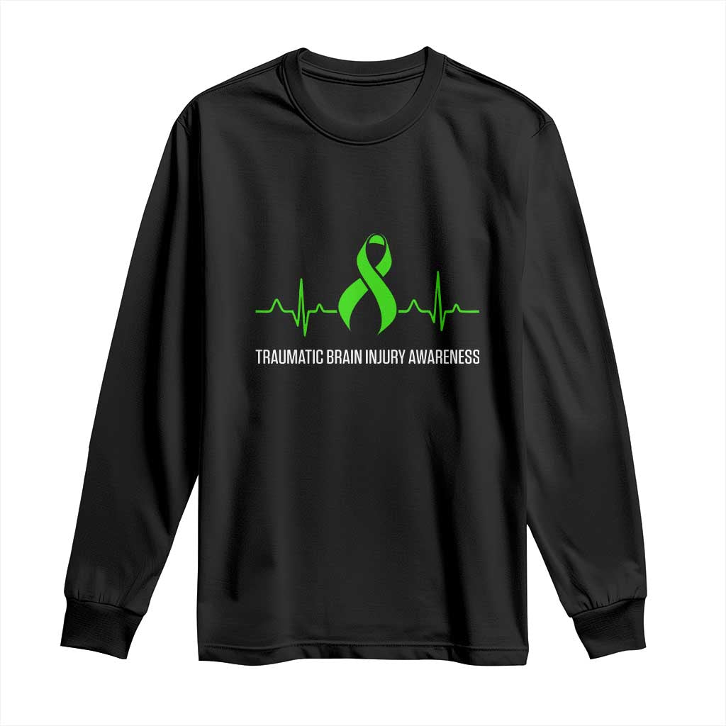 Traumatic Brain Injury Awareness Long Sleeve Shirt TBI Warrior Heartbeat Green Ribbon