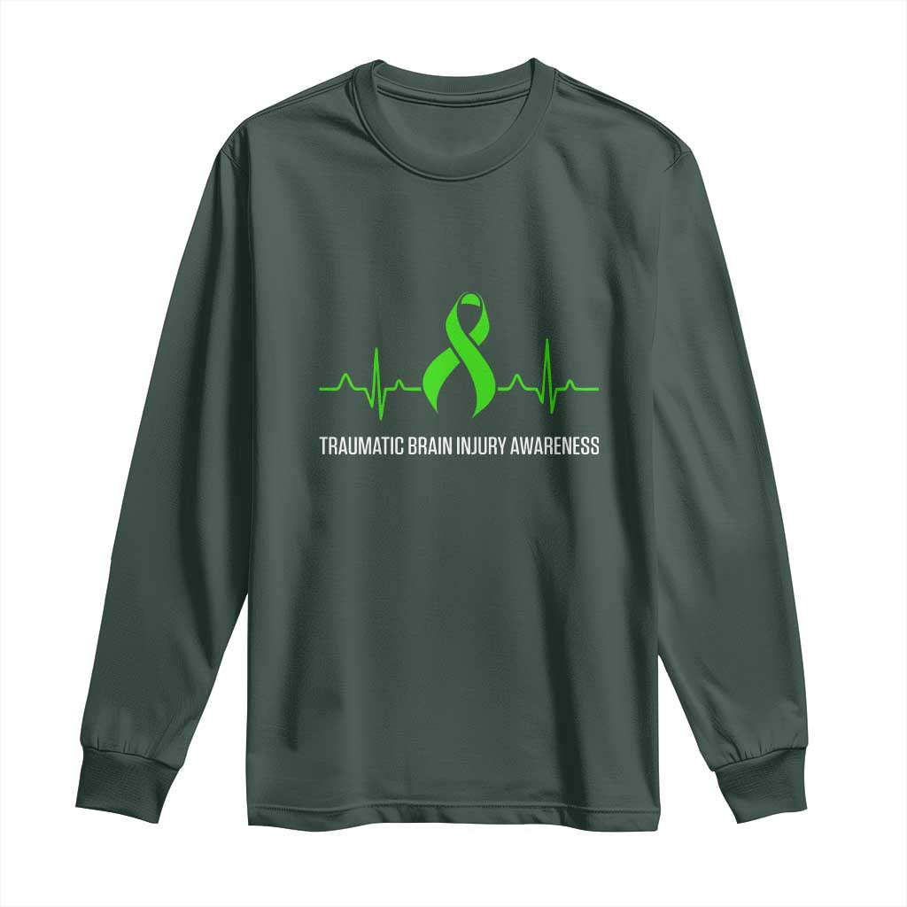 Traumatic Brain Injury Awareness Long Sleeve Shirt TBI Warrior Heartbeat Green Ribbon
