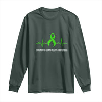 Traumatic Brain Injury Awareness Long Sleeve Shirt TBI Warrior Heartbeat Green Ribbon
