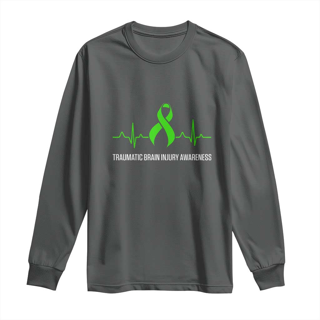 Traumatic Brain Injury Awareness Long Sleeve Shirt TBI Warrior Heartbeat Green Ribbon