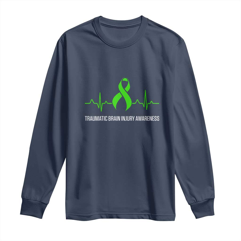 Traumatic Brain Injury Awareness Long Sleeve Shirt TBI Warrior Heartbeat Green Ribbon