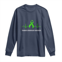 Traumatic Brain Injury Awareness Long Sleeve Shirt TBI Warrior Heartbeat Green Ribbon