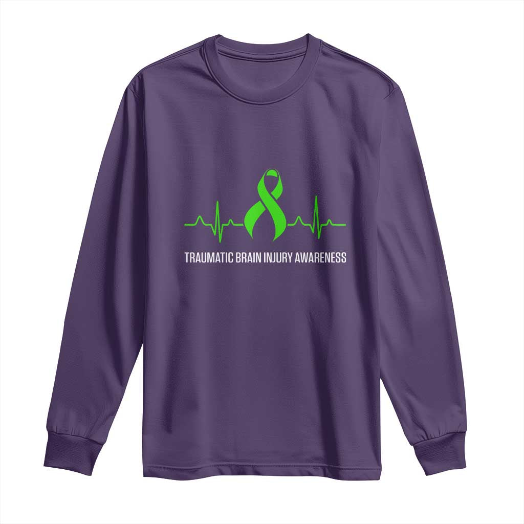 Traumatic Brain Injury Awareness Long Sleeve Shirt TBI Warrior Heartbeat Green Ribbon