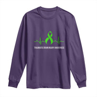 Traumatic Brain Injury Awareness Long Sleeve Shirt TBI Warrior Heartbeat Green Ribbon
