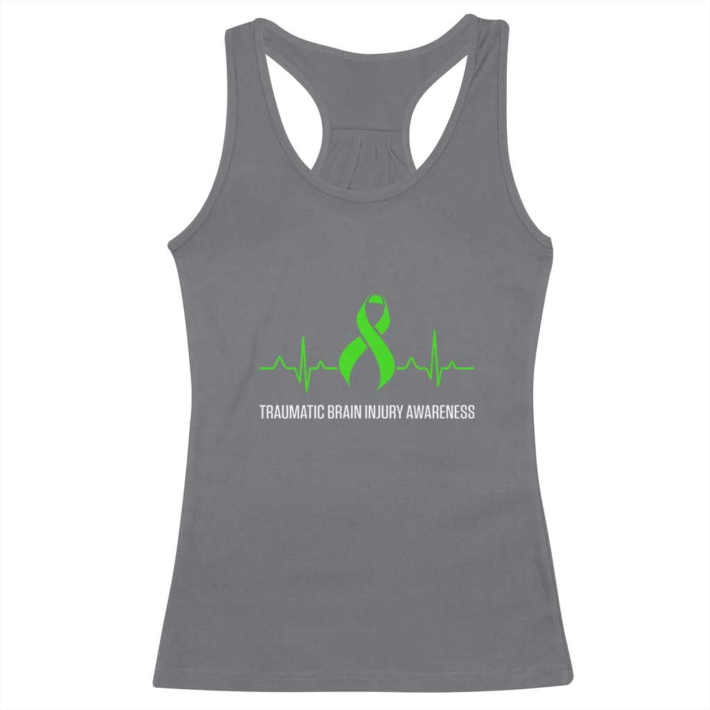 Traumatic Brain Injury Awareness Racerback Tank Top TBI Warrior Heartbeat Green Ribbon
