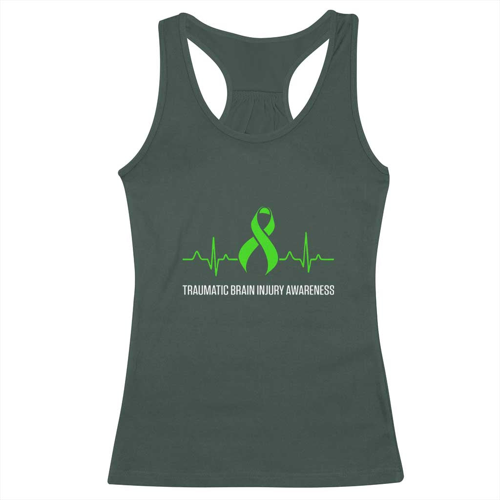 Traumatic Brain Injury Awareness Racerback Tank Top TBI Warrior Heartbeat Green Ribbon