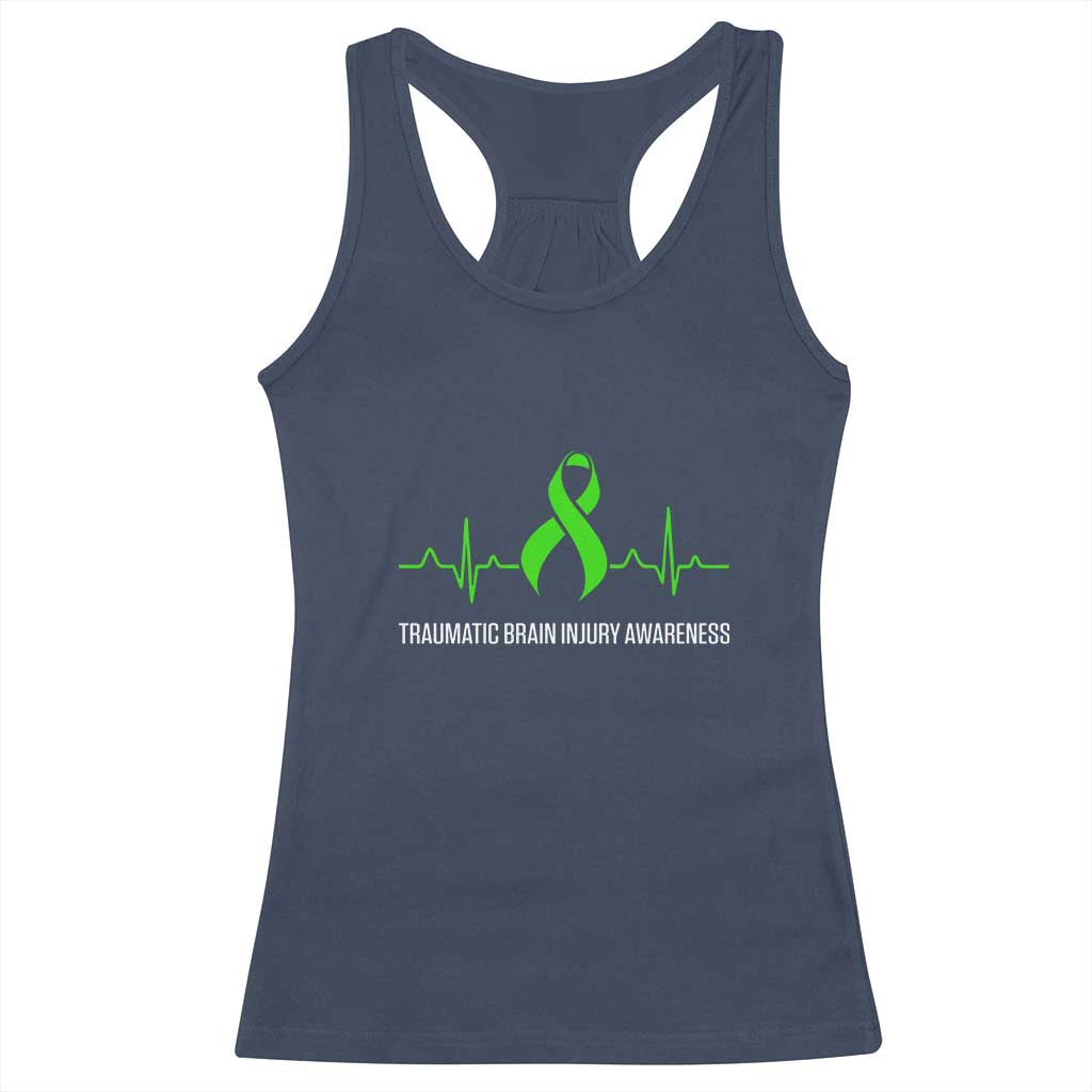 Traumatic Brain Injury Awareness Racerback Tank Top TBI Warrior Heartbeat Green Ribbon