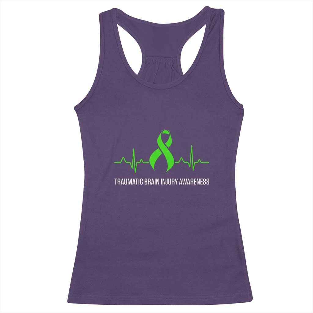 Traumatic Brain Injury Awareness Racerback Tank Top TBI Warrior Heartbeat Green Ribbon