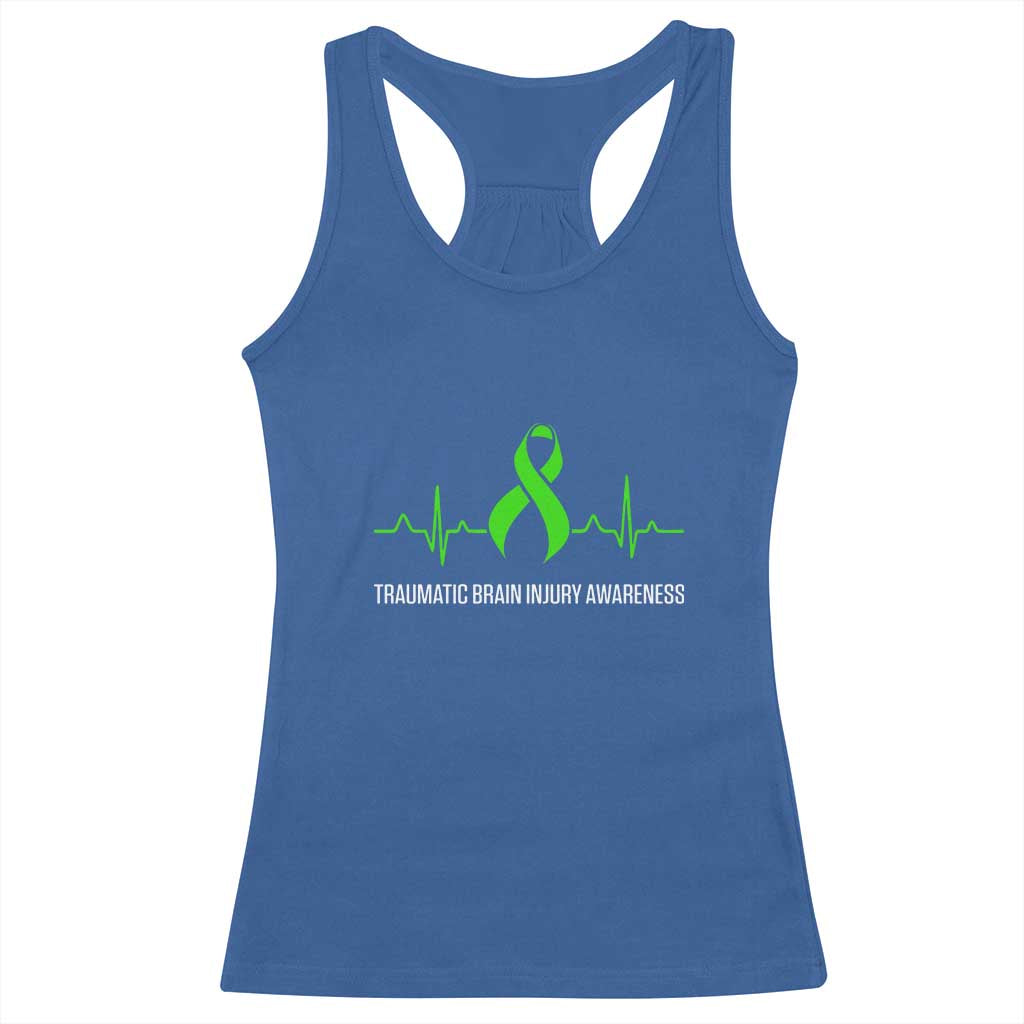 Traumatic Brain Injury Awareness Racerback Tank Top TBI Warrior Heartbeat Green Ribbon