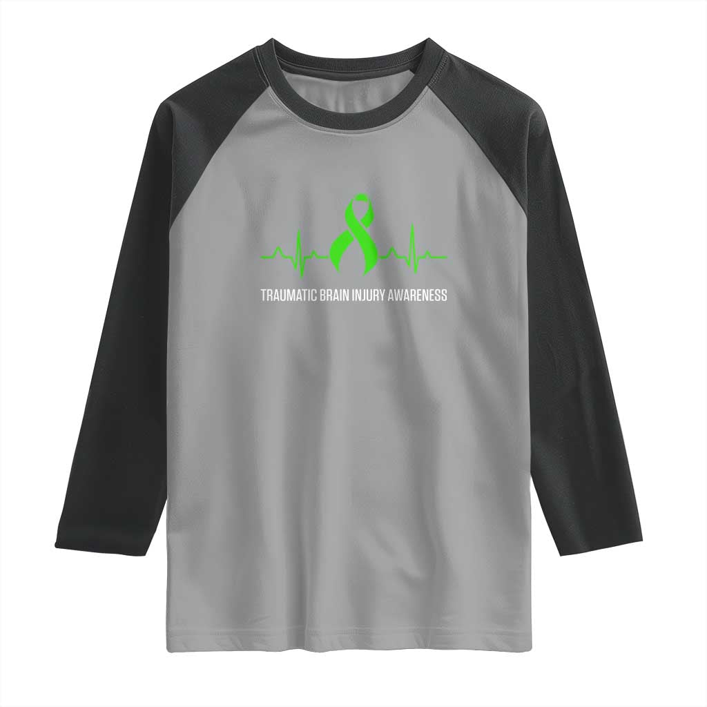 Traumatic Brain Injury Awareness Raglan Shirt TBI Warrior Heartbeat Green Ribbon