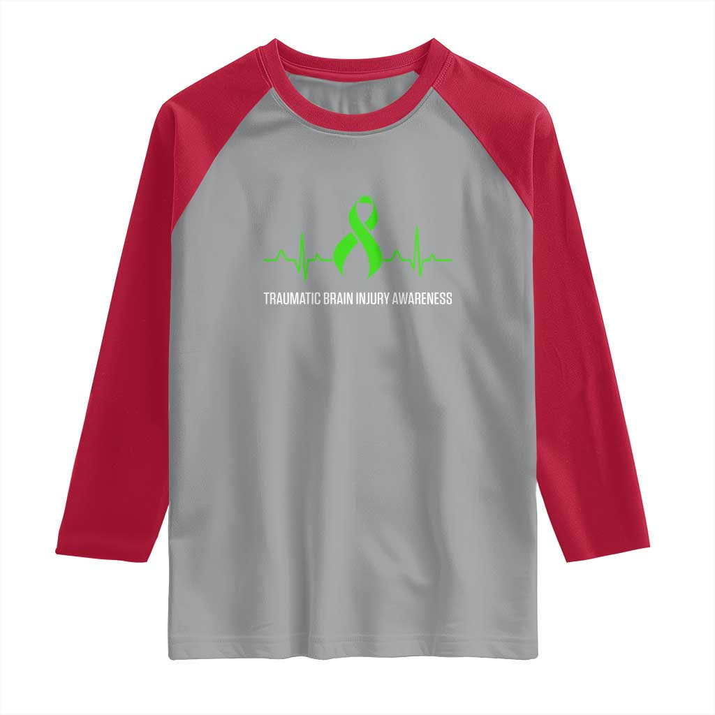 Traumatic Brain Injury Awareness Raglan Shirt TBI Warrior Heartbeat Green Ribbon