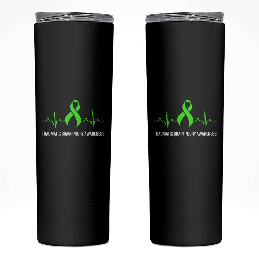 Traumatic Brain Injury Awareness Skinny Tumbler TBI Warrior Heartbeat Green Ribbon