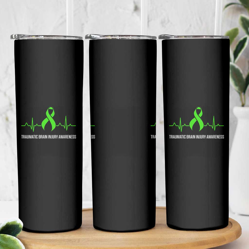 Traumatic Brain Injury Awareness Skinny Tumbler TBI Warrior Heartbeat Green Ribbon