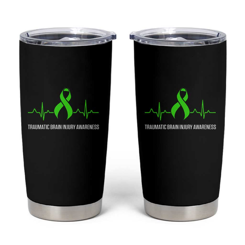 Traumatic Brain Injury Awareness Tumbler Cup TBI Warrior Heartbeat Green Ribbon