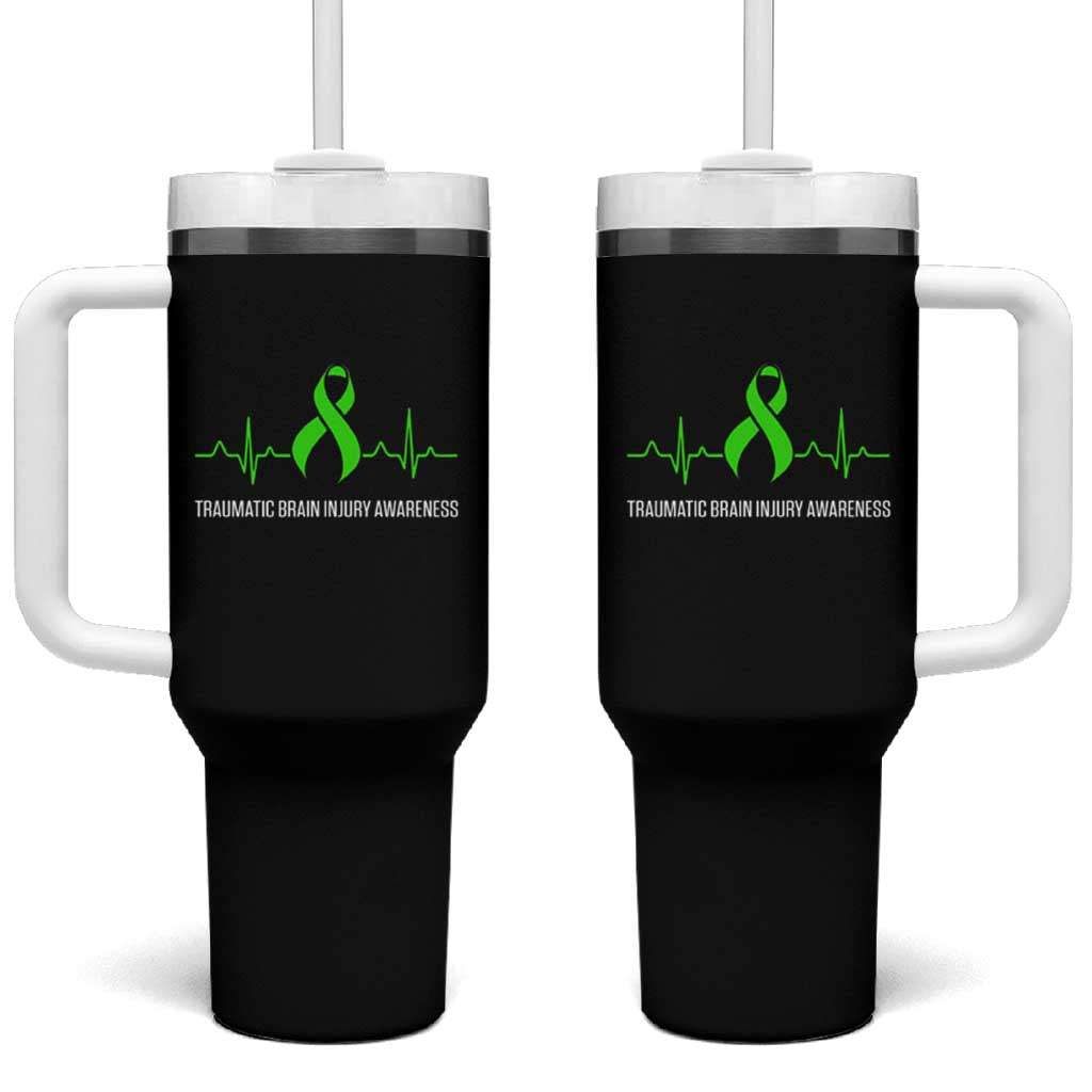 Traumatic Brain Injury Awareness Tumbler With Handle TBI Warrior Heartbeat Green Ribbon