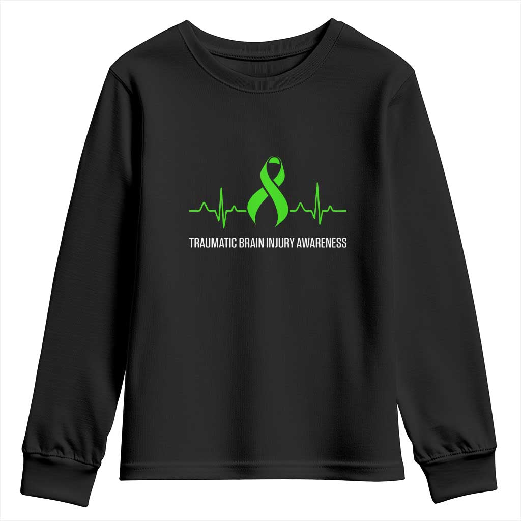Traumatic Brain Injury Awareness Youth Sweatshirt TBI Warrior Heartbeat Green Ribbon