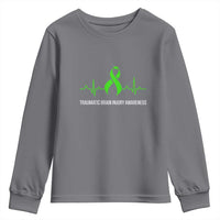 Traumatic Brain Injury Awareness Youth Sweatshirt TBI Warrior Heartbeat Green Ribbon