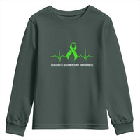 Traumatic Brain Injury Awareness Youth Sweatshirt TBI Warrior Heartbeat Green Ribbon