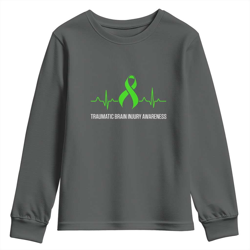 Traumatic Brain Injury Awareness Youth Sweatshirt TBI Warrior Heartbeat Green Ribbon