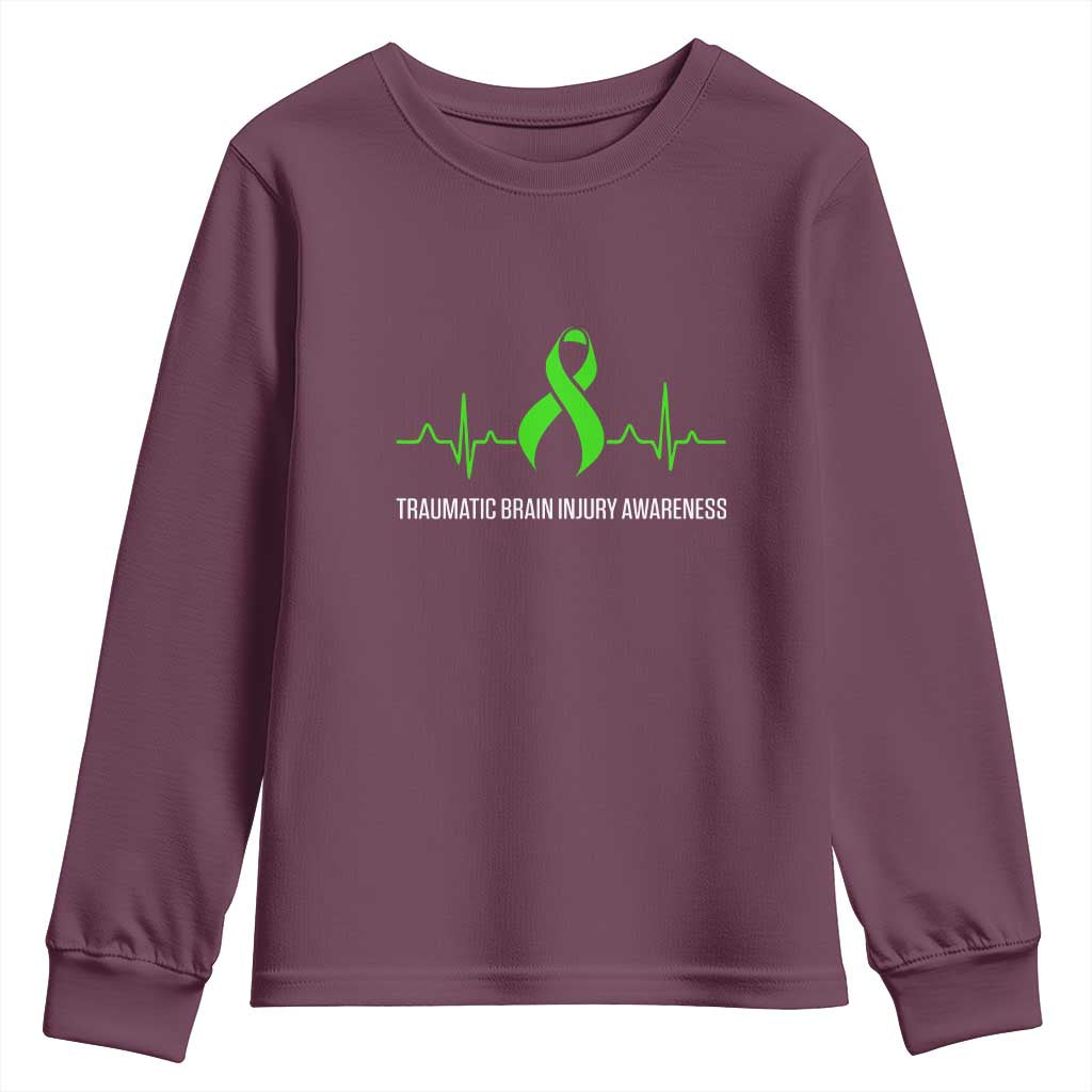 Traumatic Brain Injury Awareness Youth Sweatshirt TBI Warrior Heartbeat Green Ribbon