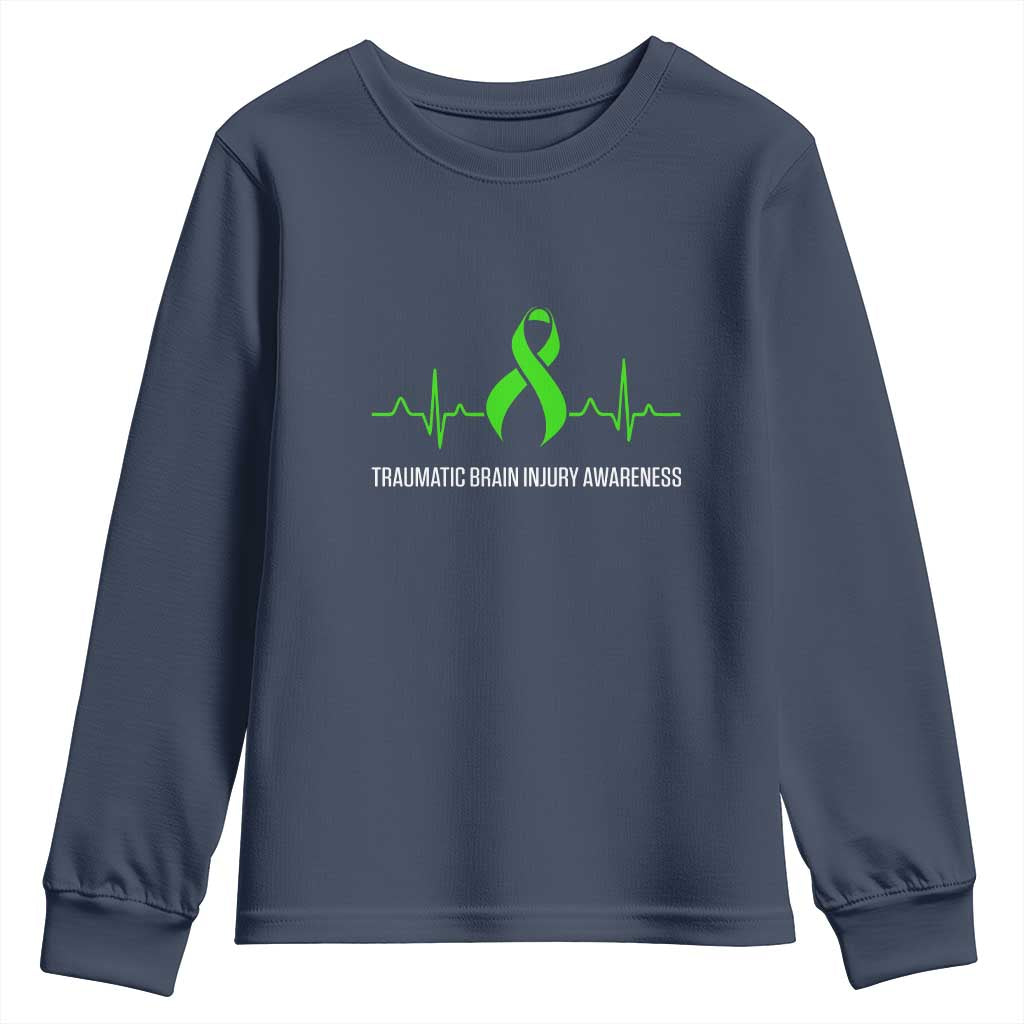 Traumatic Brain Injury Awareness Youth Sweatshirt TBI Warrior Heartbeat Green Ribbon